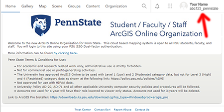 example Penn State ArcGIS Online Organization welcome page