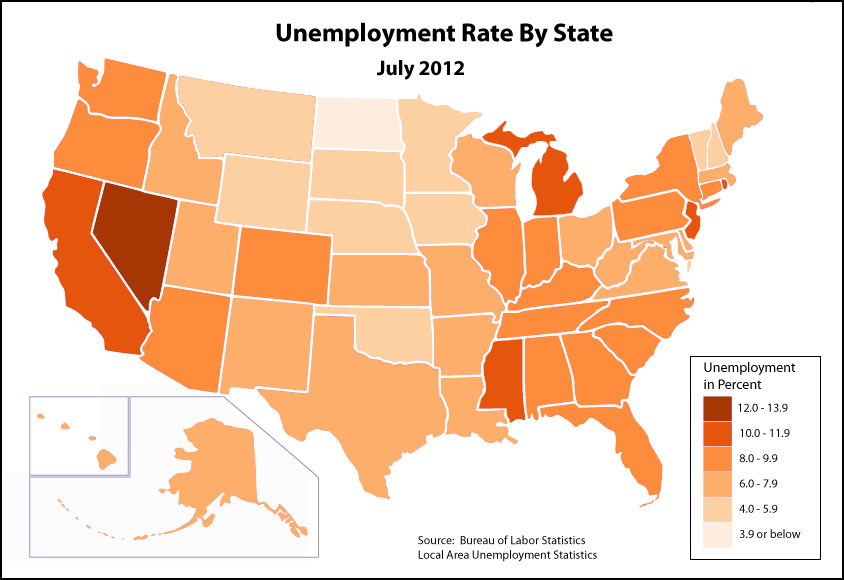 Choropleth Map of the United States showing July 2012 unemployment rates by state.