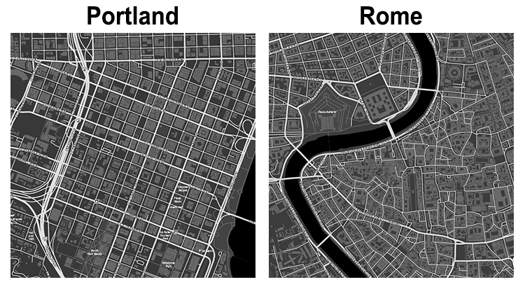 The figure shows two square boxes. The box on the left (labeled “Portland”) shows a gridded street pattern. The box on the right (labeled Rome) shows a varied and inconsistent street pattern, with sections of gridded streets surrounding a core with an irregular plan.