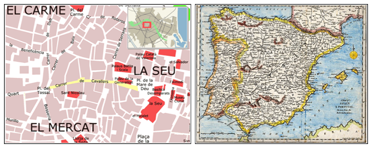 The figure shows two maps. On the left is a map depicting the street plan of three neighborhoods in Valencia, Spain. Footprints of buildings are visible in this map. On the right is a map that shows all of Spain and Portugal, showing provinces, mountains, rivers, and the locations of cities.