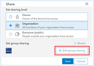 Screen capture of the ArcGIS Online Share window with organization highlighted