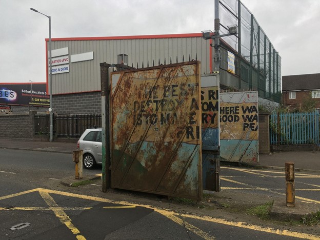 Photograph of gates on the peace line in Belfast, Ireland.