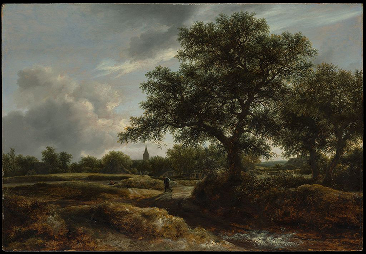 An oil painting depicting an outdoor scene somewhere in Europe. The right half of the painting is dominated by two large trees in the foreground with dark green leaves. At the center foreground is a figure carrying a sack on its back, walking toward the left of the image, through a field of grass and brush. In the left foreground, a second figure sits on the grass. In the background, the steeple of a church is visible, and close inspection reveals two huts nestled in the brush, just beyond the walking figure. Overhead, the pale blue sky is mostly hidden by purple-tinted gray clouds.