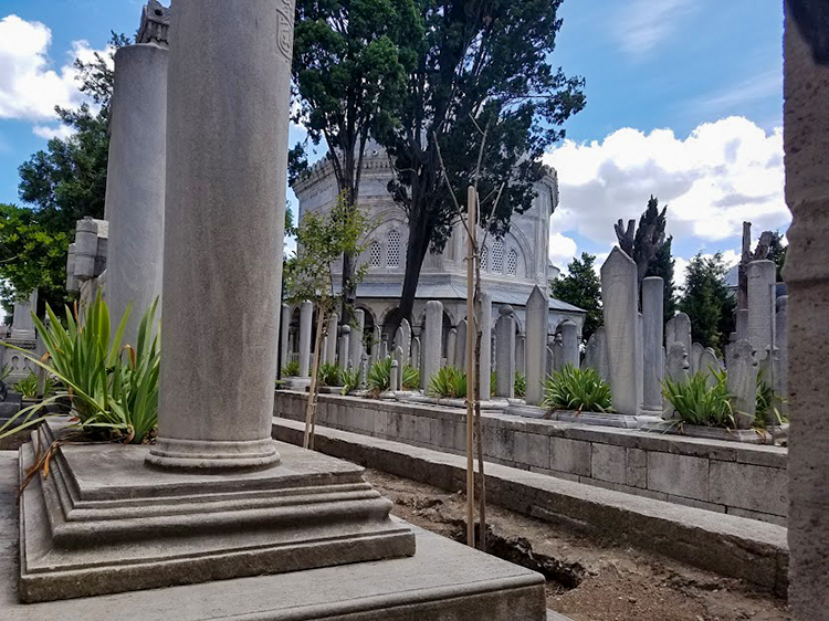 The image shows a courtyard-like area dominated by low masonry walls with rows of carved and inscribed stones standing on top of them. The stones vary in shape: some are narrow cylinders, others are rectangular with orbs at the top, and others are flatter rectangles with pointed tops. Leafy green plants are set between some of the stones.