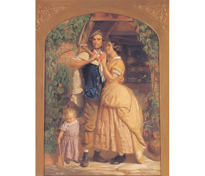 A painting of three figures (husband, wife, and child) standing before a cottage. The husband holds a pickaxe over one shoulder and has his other arm around his wife. His gaze is focused on something outside the image. The wife regards her husband with an expression of adoration. The child, looking at the ground, holds the husband’s leg with one hand and a wooden shovel in the other.