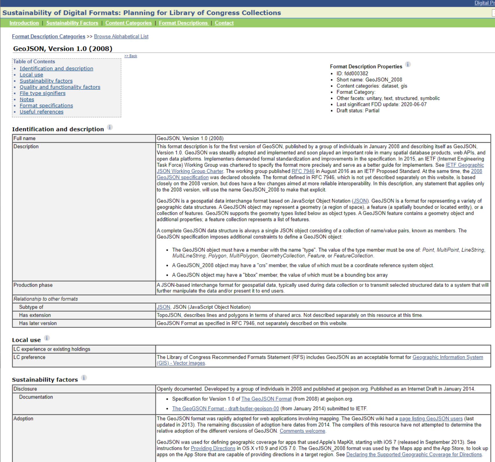 Screenshot of the Library of Congress documentation for the GeoJSON spatial data format.