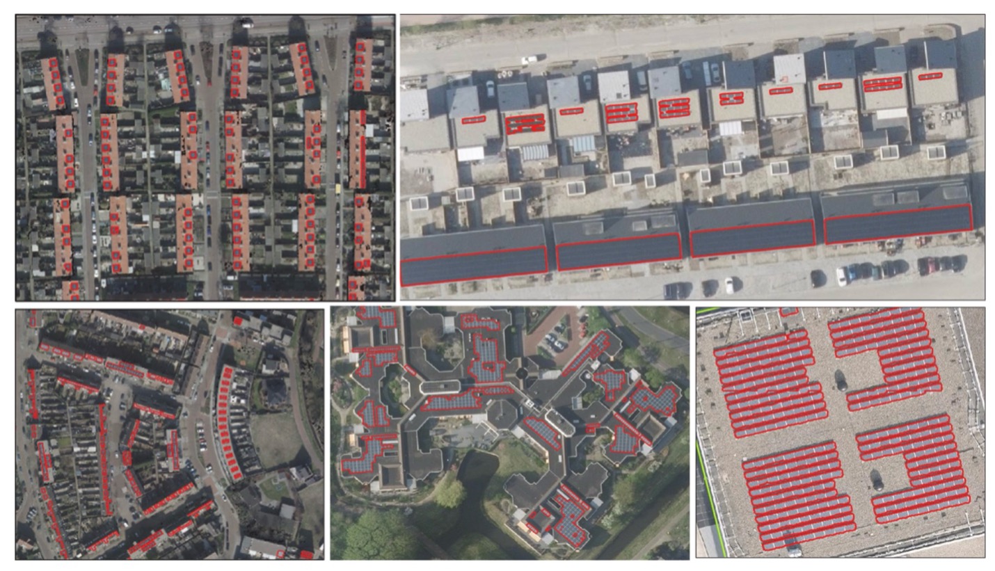 Aerial collage of urban areas with red-highlighted rooftops and potential solar panel grids.