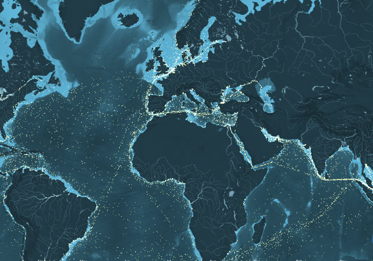 screenshot from shipmap. Shows portion of the world map with little dots sprinkled all over it.