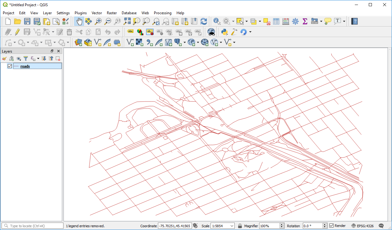  Screen capture: Roads layer in QGIS