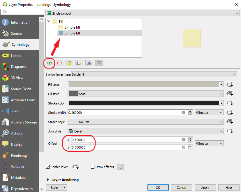  Screen capture: Symbology - Offset: 0.5 for x and y, green "+" to choose "simple fill"