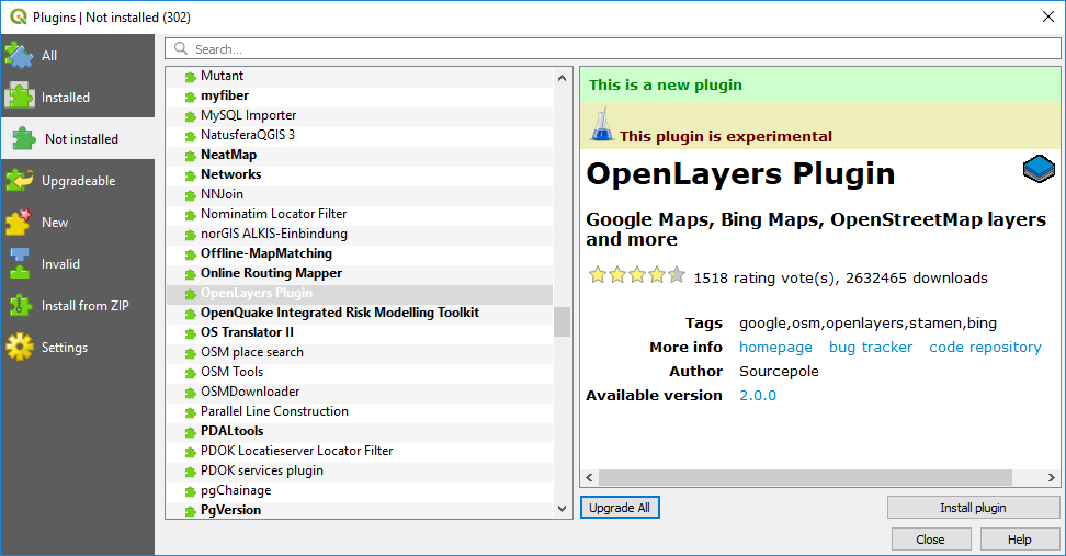  Screen capture: Not installed plugins menu