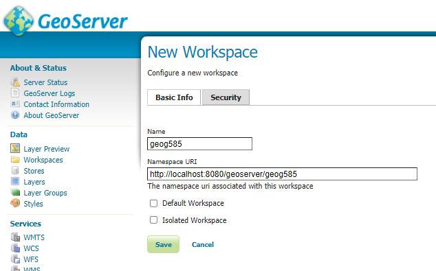Screen Capture: Creating a new workspace in GeoServer
