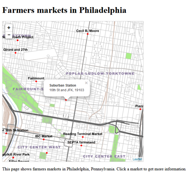 Screen Capture: Farmers markets in Philadelphia - lesson 6 walkthrough output