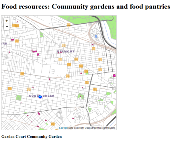 Screen Capture: "Food resources: community gardens and food pantries" map, Lesson 7 walkthrough output