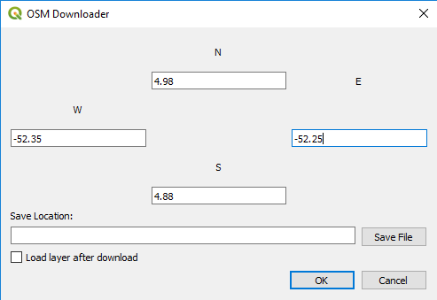 Screen Capture: OSMDownloader dialogue box; N = 4.98, E = -52.25, S = 4.88, W = -52.35