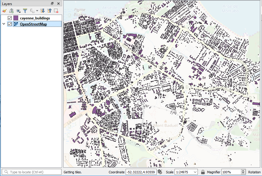 Screen Capture: Final view of Cayenne buildings in QGIS