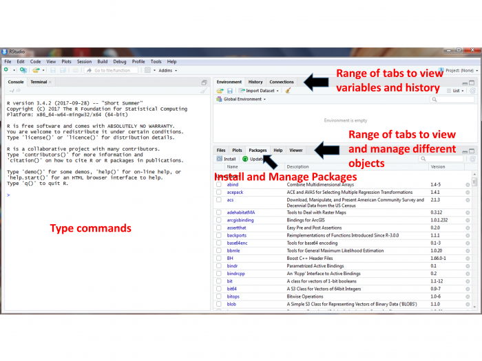 The RStudio Console Window showing type commands, range of tabs to view variables and history, range of tabs to view and manage different objects, and install and manage packages