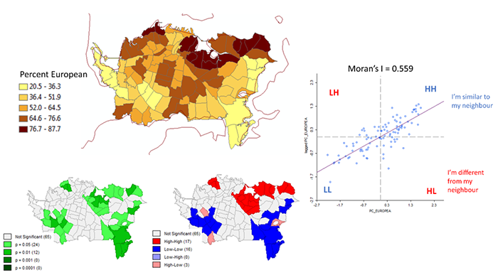 Geographic patterns in Europe. Percent European and the significance of the relationships.