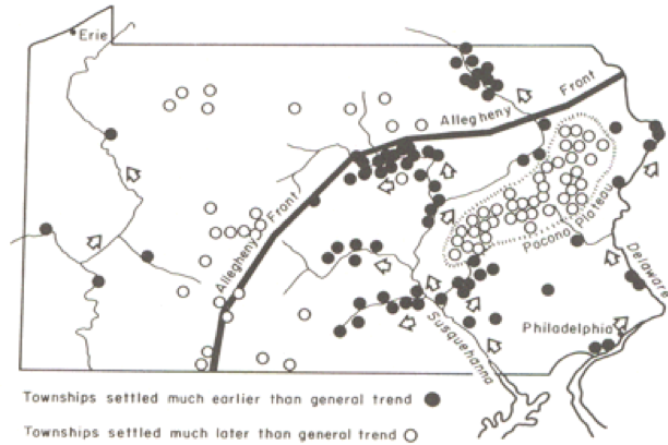 Circles indicating whether townships in PA were settled much earlier or much later than general trend.