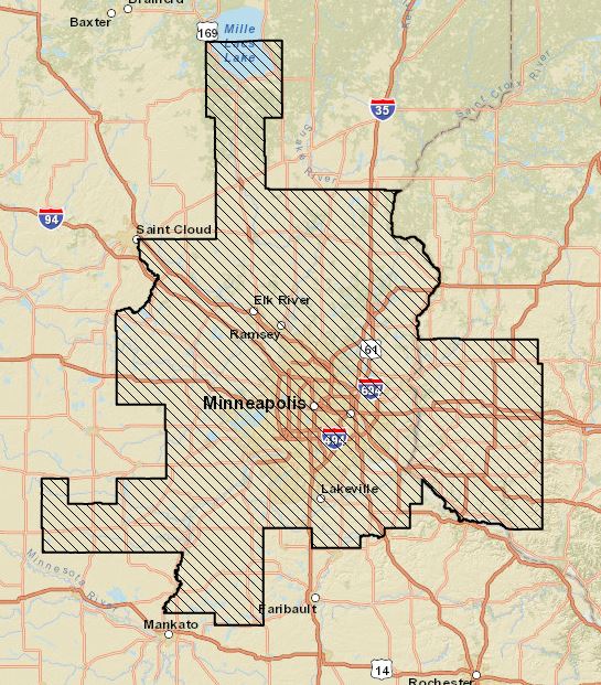 Shaded polygon around Minneapolis showing major cities and roads