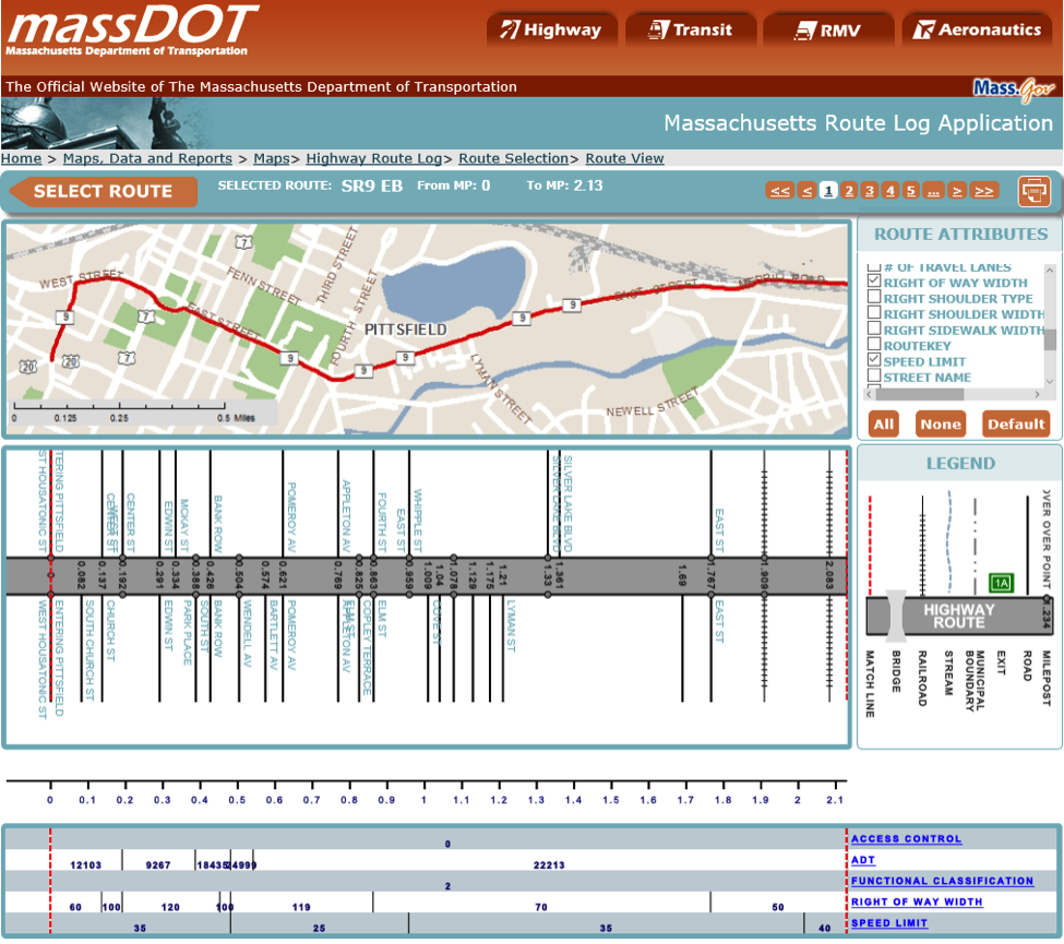 Massachusetts Route Log tool displaying a portion of State Route 9. 