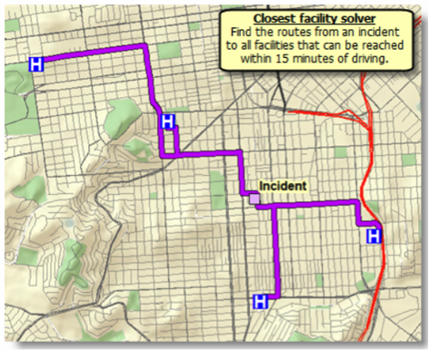 Closest facility solver: routes from an incident to all facilities that can be reached within 15 mins of driving.