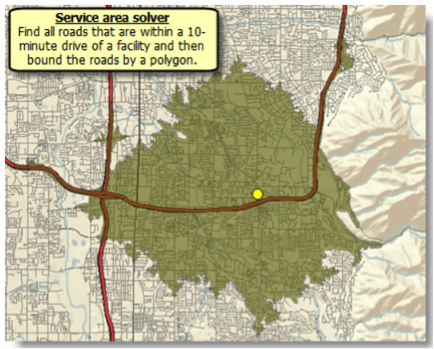 Service Area Solver: All roads within a 10-minute drive of a facility (bound the roads by a polygon).