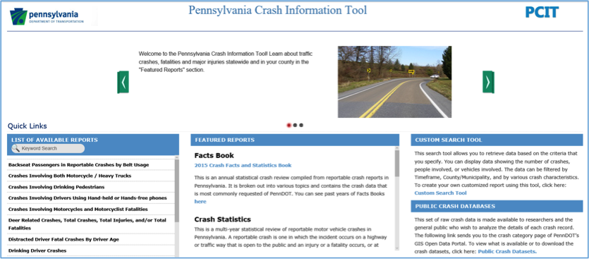 screen capture of the Pennsylvania Crash Info Tool on the PCIT website (link in text above)