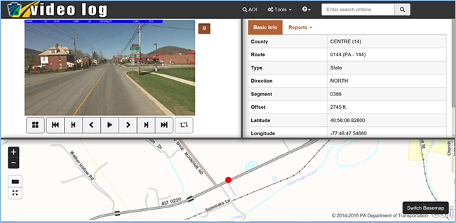 A screenshot of PennDOT's Video Log Application. Shows point on a map, the street view of the area, and basic info.