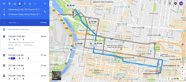 Google map route of directions in Philadelphia, PA.