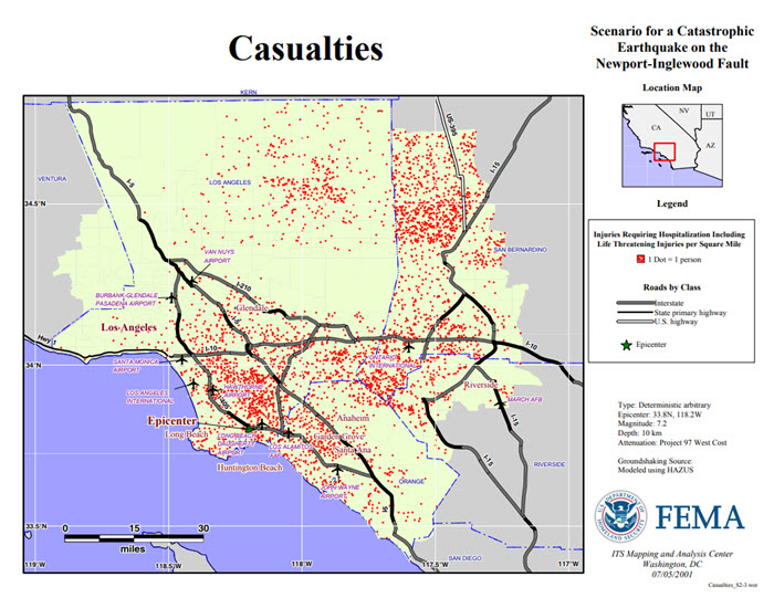 map of Los Angeles area showing injuries on the Newport-Inglewood Fault