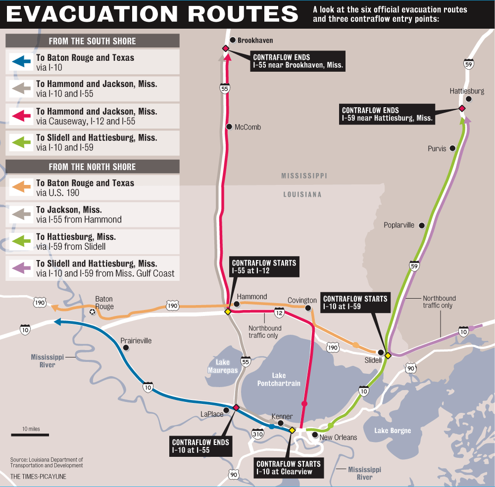 map from Louisiana Department of Transportation and Development, showing evacuation routes and contraflow entry points