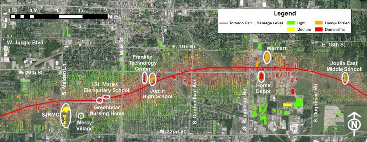 arial view of the path of the Joplin tornado