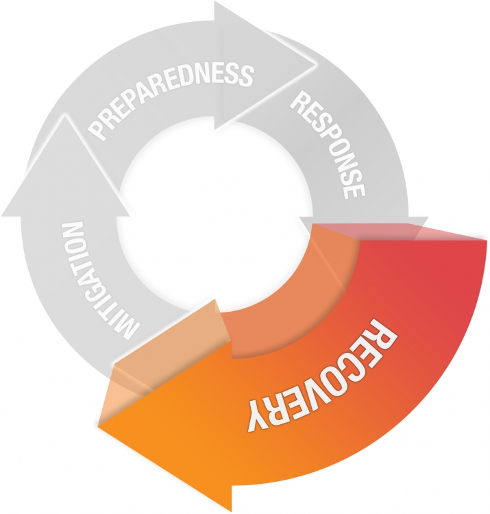 four stages of emergency management with Recovery highlighted. Other stages - Mitigation, Preparedness, and Response. Recovery is described in more detail below. 