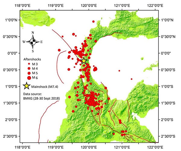 map showing epicenter and aftershocks of the Sulawesi Earthquake, 2018