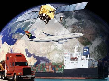  GPS User Segment: Satellite highlighting a cargo ship, an airplane, and a truck