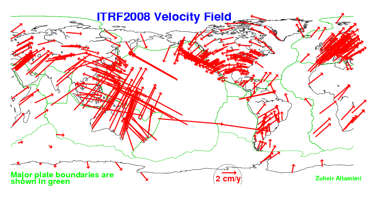 map showing the International Terrestrial Reference System velocity field from 2008