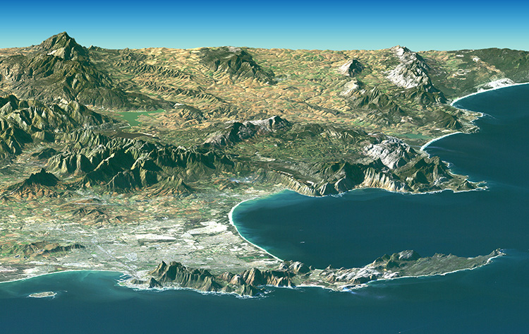 NASA image used Landsat data to texture-map surface created using SRTM Elevation data. 