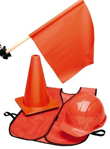 Orange safety equipment: a flag, a vest, a cone, and a helmet