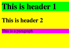 Yellow background. Header 1= large font, green highlight. Header 2 = medium font. Normal paragraph font = normal size, pink highlight