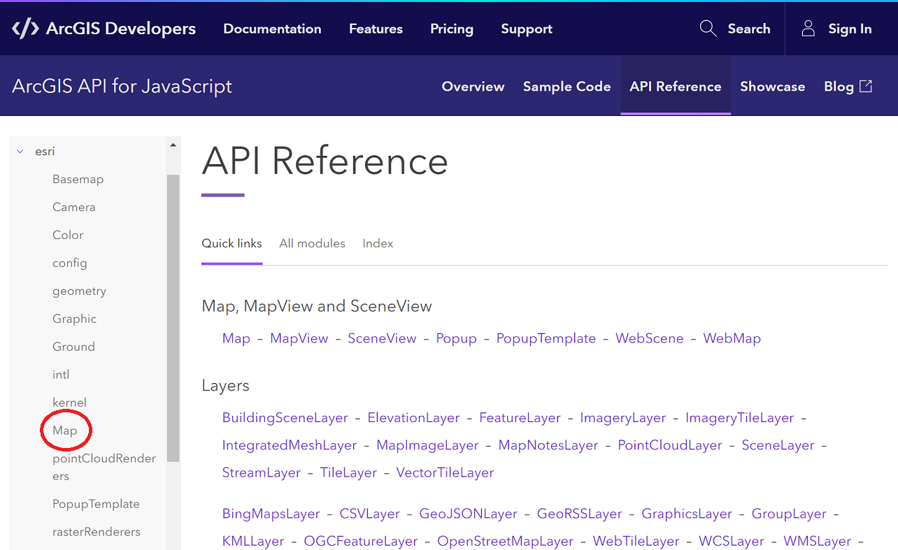 Locating the Map class in the API Reference