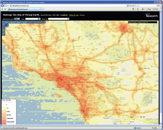 Screen capture of Microsoft Hotmap covering southern Californiaat a mid-range scale level.