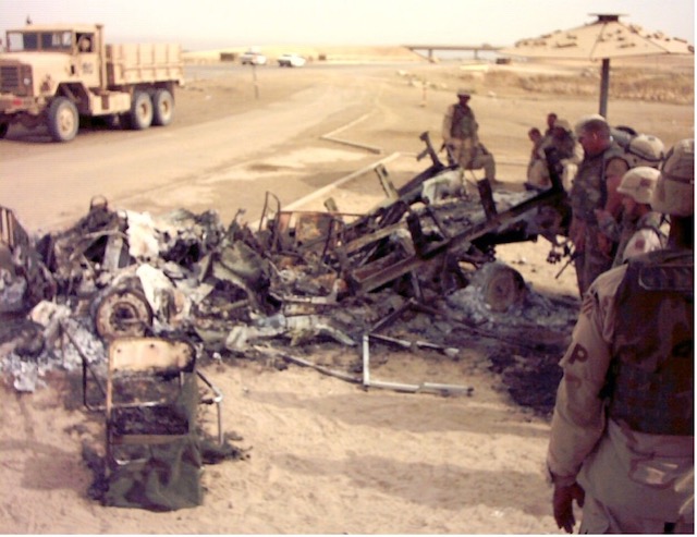 remnants of a humvee military vehicle after bing destroyed by improvised explosive device