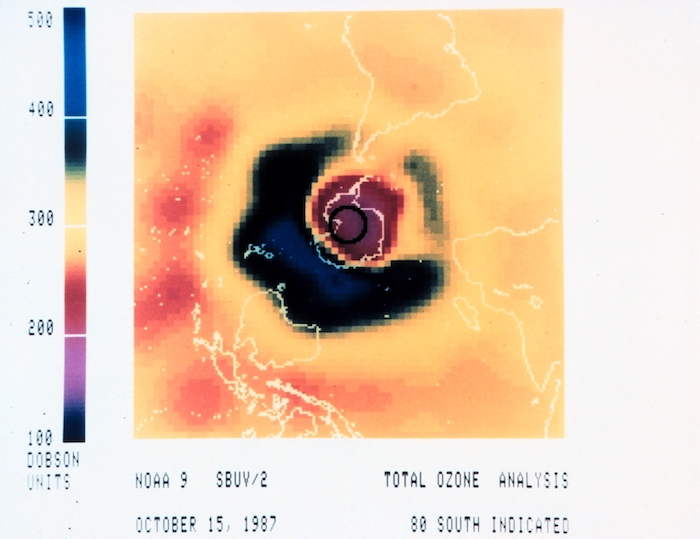 Ozone analysis map showing ozone hole over Antarctic in 1987