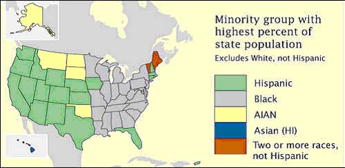 Chloropleth map showing state minority groups with highest percent population