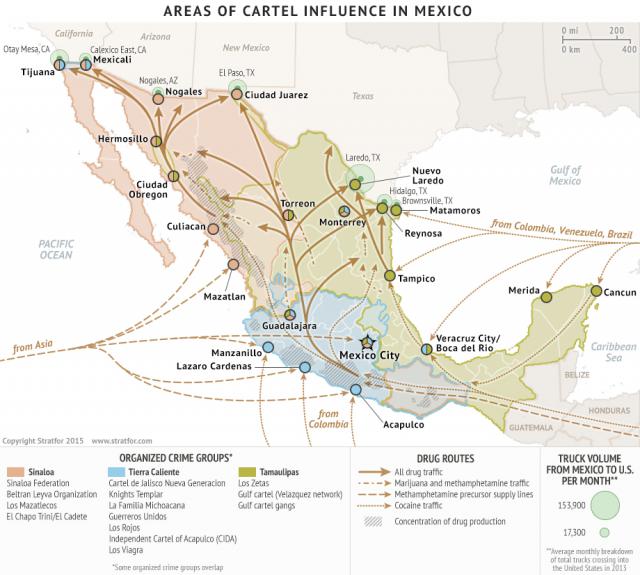 Map of Drugs into Mexico from Asia and S. America and travel upwards towards the United States