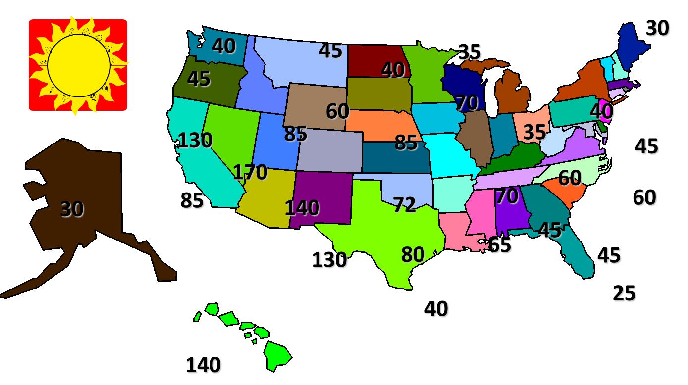 Color-coded U.S. map to show number of cloudless days by region. 