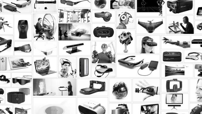 Many small images of various forms of virtual reality technology