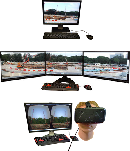 Top image is a computer with one monitor, middle is a computer with 3 monitors, bottom is computer with VR
