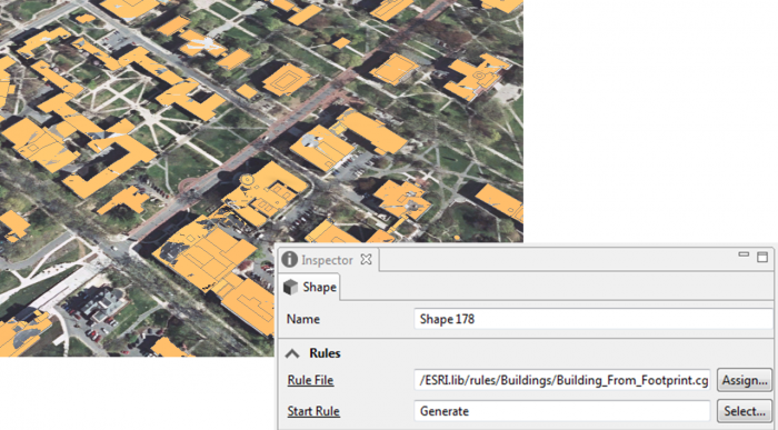 Screenshot of campus building footprints in CityEngine